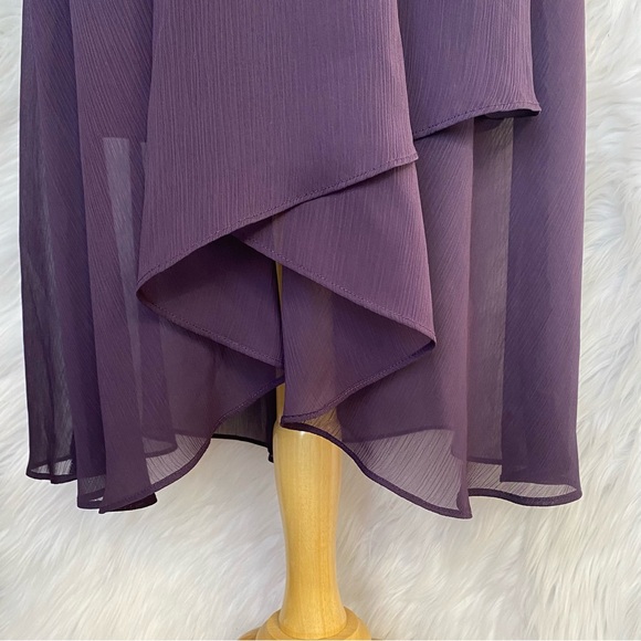 DKNY Midi Dress 10 Balloon Sleeve Chiffon Faux-Wrap Hi-Low Dark Purple Belted - Picture 3 of 8